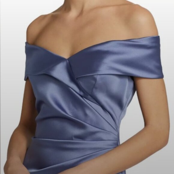 Teri Jon Gown Women 14 Blue Purple Stretch Satin Off Shoulder Glam Chic - Picture 2 of 16